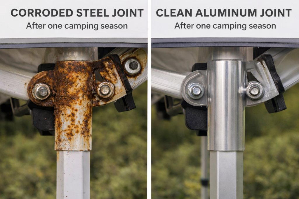 Detailed photo of a corroded steel canopy joint vs. a clean aluminum
